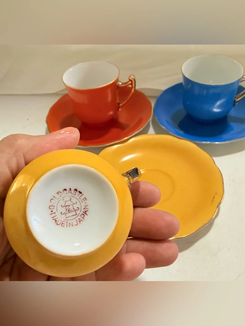 Vintage Lot of 3 Gold Castle Made In Japan Tea Cups Yellow Orange Blue Rare Sets